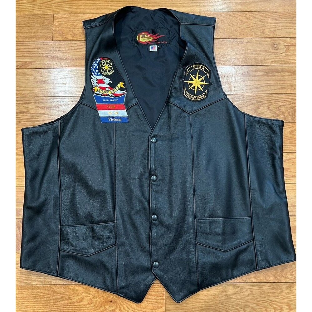 Vintage PNC Black Leather Biker Vest With Patches Vietnam Navy Made In USA Sz 58